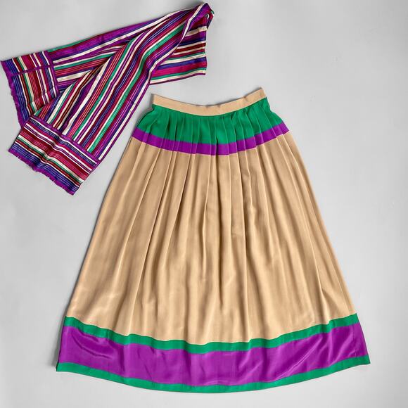 VTG Oscar De La Renta 70s 80s Silk Boho Full Maxi Skirt Colorblock Stripe Scarf - Picture 2 of 10